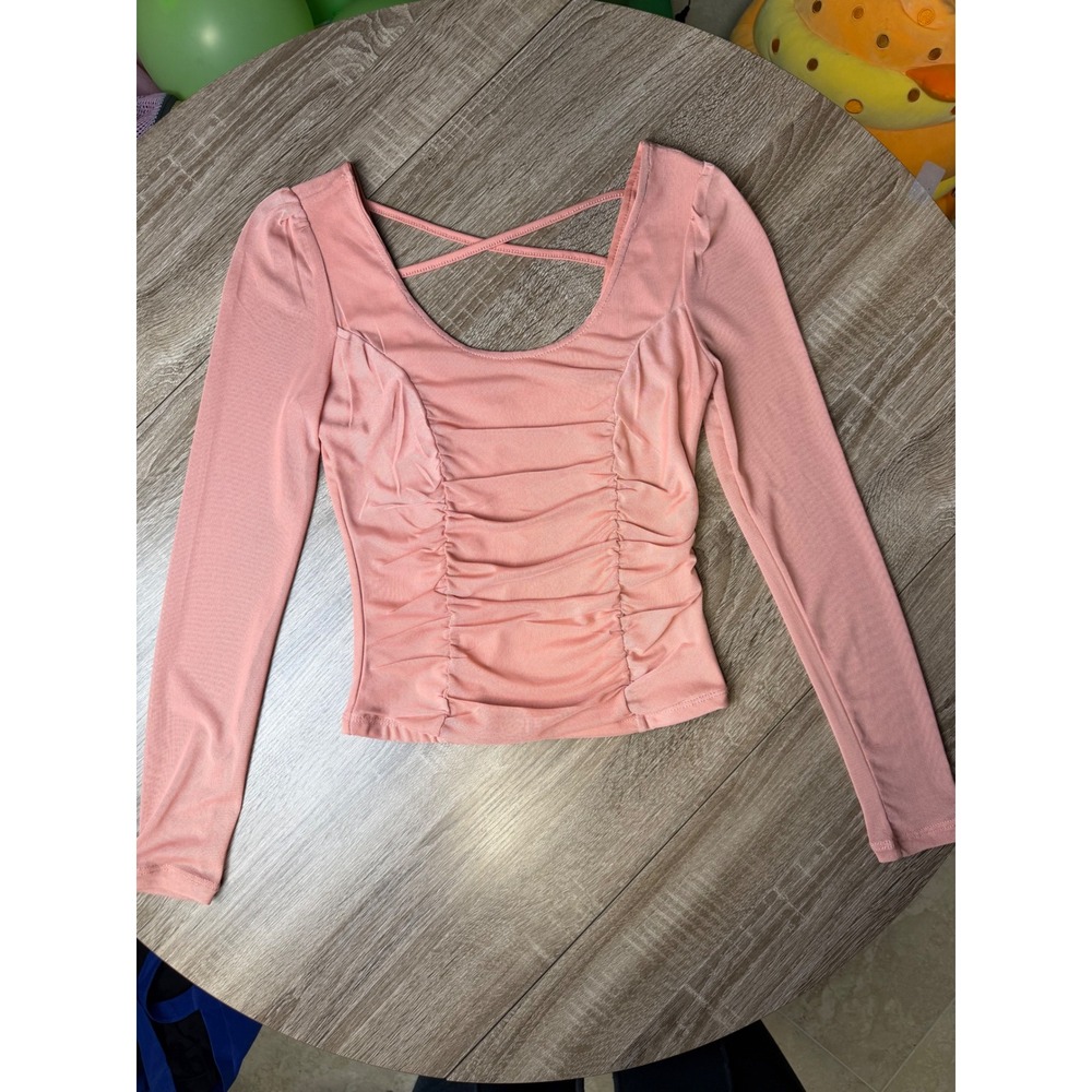 Crave Fame Peach Mesh Long Sleeve Top XS Crisscross Back Strappy Scoop Neck